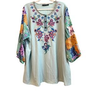 Calessa Mint Gauzy Cotton Floral Embroidered Top with Boho Sleeves and Back